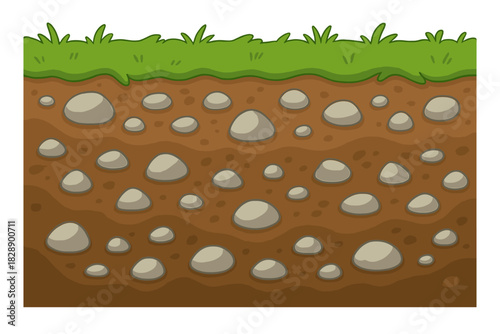 Cartoon cross section of soil layers filled with stones and green grass on top