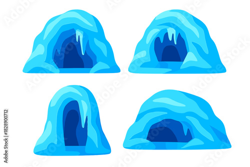 Four stylized blue ice caves frozen grotto entrances winter landscape elements