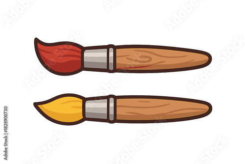 Two artistic paint brushes with wooden handles and colorful red and yellow bristles