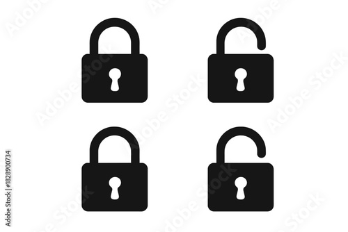 Set of four security padlock symbols showing locked and unlocked states for digital interface