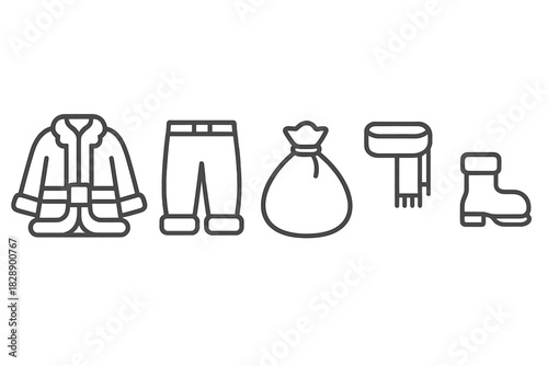 Collection of winter season clothing accessories and holiday gift sack symbols