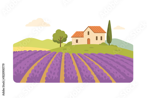 Traditional Mediterranean farmhouse overlooking rows of purple lavender flowers