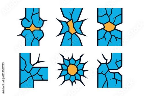 Abstract cracked blue geometric shapes showing stress damage and breaking points