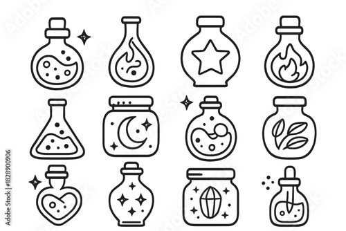 Magical potion bottles and alchemy jars with mystical ingredients and symbols