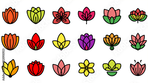 Vibrant array of stylized lotus blossoms, symbolizing purity and enlightenment, perfect for spa branding, wellness campaigns, or yoga studio promotions