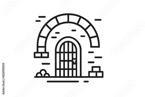 Minimalist outline of an ancient stone archway entrance with a heavy barred metal gate