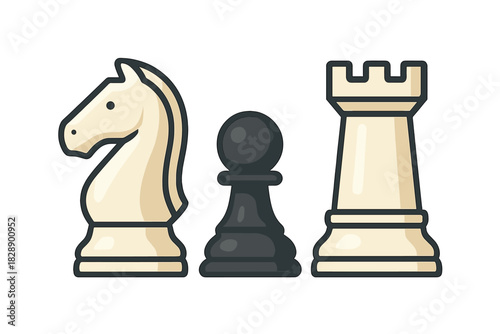 Classic white knight, black pawn, and white rook chess pieces isolated on white