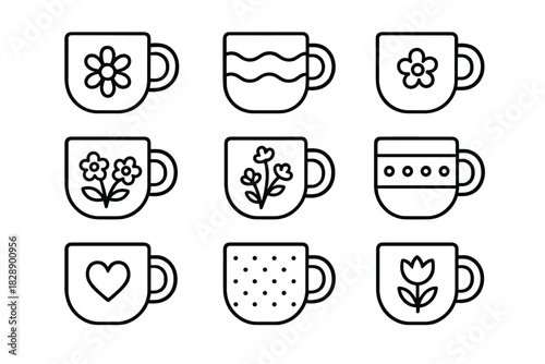Nine outline icons of coffee mugs and tea cups decorated with floral, heart, and geometric patterns