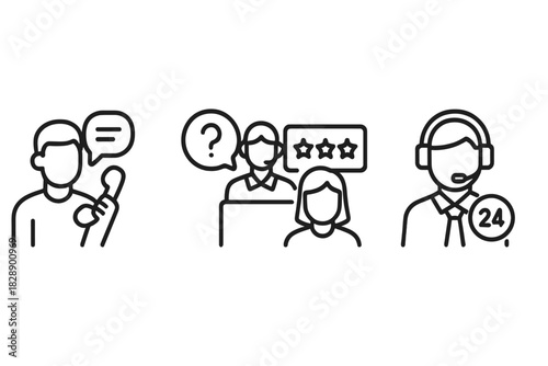 Customer service and support symbols featuring call center agent, phone communication, and user feedback