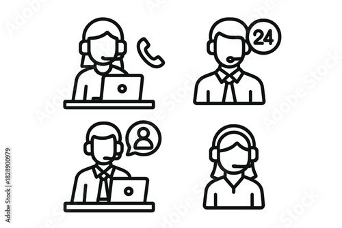 Set of four customer service icons showing agents wearing headsets and working on support calls