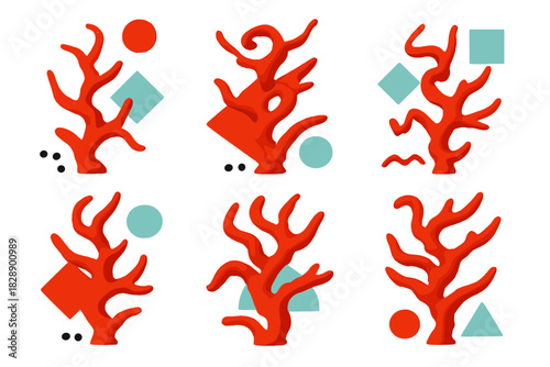 Seamless pattern with abstract red coral shapes and colorful geometric elements