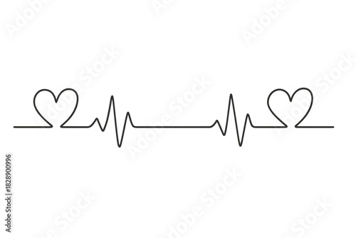 Continuous line heartbeat pulse rhythm with two heart shapes symbolizing love and medical care