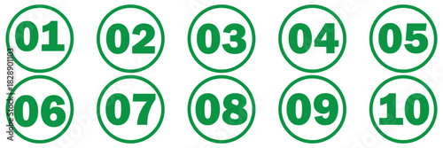 Numeral typographic flat icons set. Bullet point number icon set. Bold Round Number Labels 1 to 10 . Editable Vector Icons for Print, Web. EPS 10