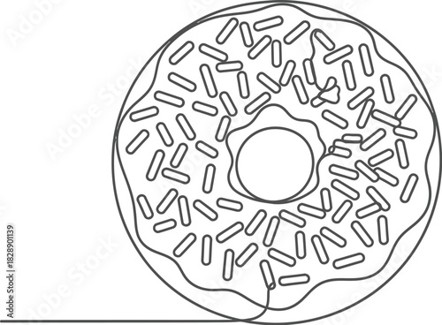 Continuous line drawing of a donut with sprinkles on a white background design