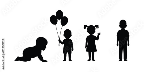 children different age silhouette icon. set of  children different age icon. Silhouette of children at different ages baby to teenager isolated