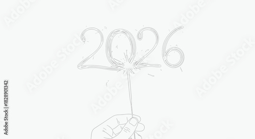 Hand holding sparkler forming 2026 on white background celebrating new year