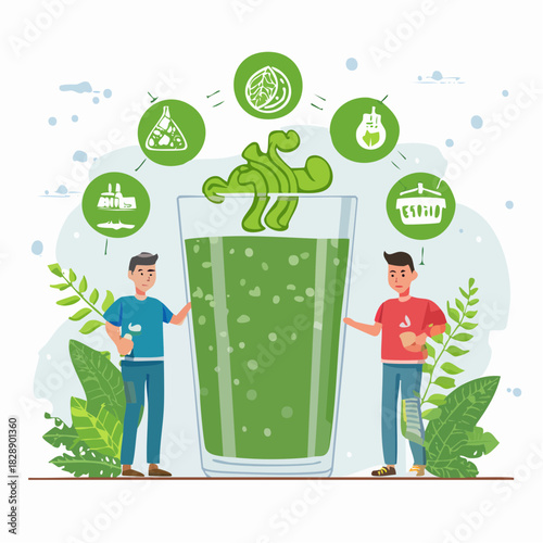 Green smoothie glass. Two men holding a glass. Healthy drink concept. Vector illustration on white background. Fresh juice with green leaves. Smoothie glass with bubbles. Healthy lifestyle.
