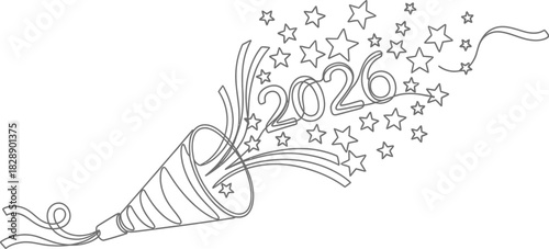 Continuous line drawing of party popper with stars and the year 2026 for celebration
