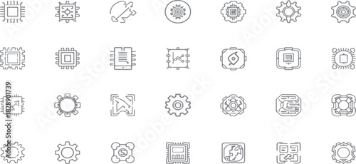 engineering icons, computing icons, gear icon, settings symbol, microchip, processor, cpu icon, line art, outline icon, technology, machinery, automation, control panel, configuration, customization, 