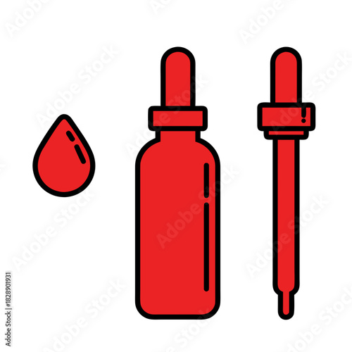 Red Dropper Bottle and Dropper Tool with Liquid Drop Icon Isolated on Black Background for Laboratory or Medical Use
