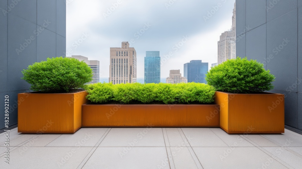Obraz premium Modern urban garden with vibrant greenery in large orange planters overlooking a city skyline filled with skyscrapers and clouds in the distance