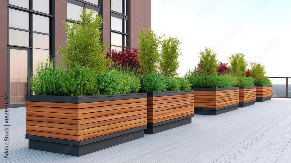 Obraz premium Modern balcony garden planters with vibrant plants and greenery in wooden boxes on a clean rooftop terrace during a sunny day