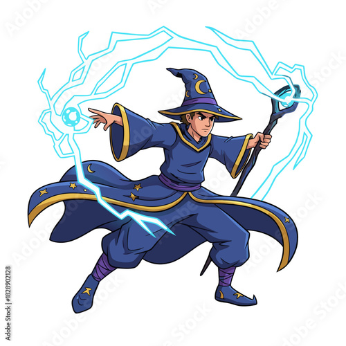 Pixel Art Wizard Casting Spell With Lightning Blue Robes And Stars Hat Sparkles Around Wand In Dark Background