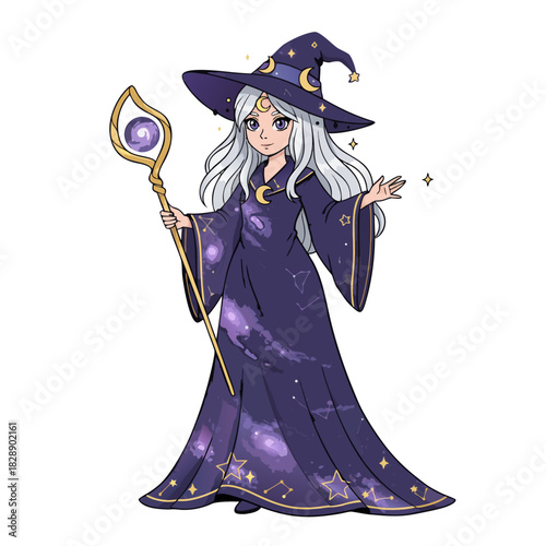 Pixel Art Wizard Witch With Moon Hat And Starry Robe Casting Spell With Staff And Glowing Tattoos On Arms In Mid-Cast Magical Aura
