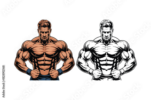 Muscular bodybuilder poses with detailed anatomy and sketch version