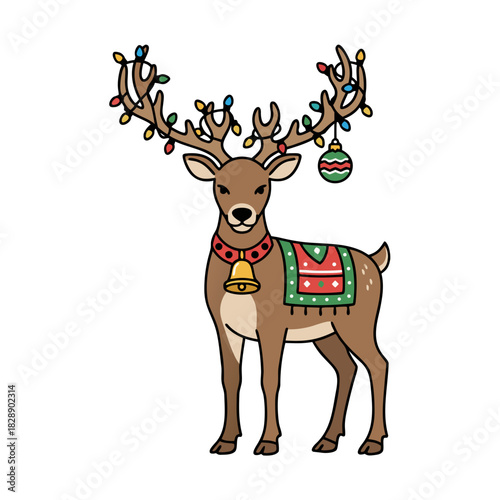 Pixelated reindeer with large antlers adorned with colorful Christmas lights and a festive bell collar and saddle blanket with a bauble hanging from one antler on a black background