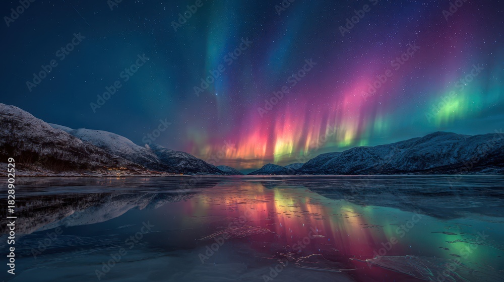 Fototapeta premium Breathtaking Aurora Borealis Display Over Calm Lake, Reflecting Vibrant Colors at Dusk.