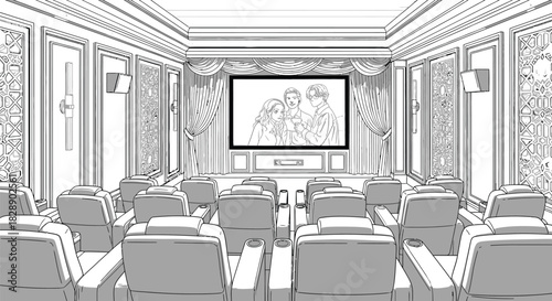 Interior of a private home theater showing a movie on the big screen setup