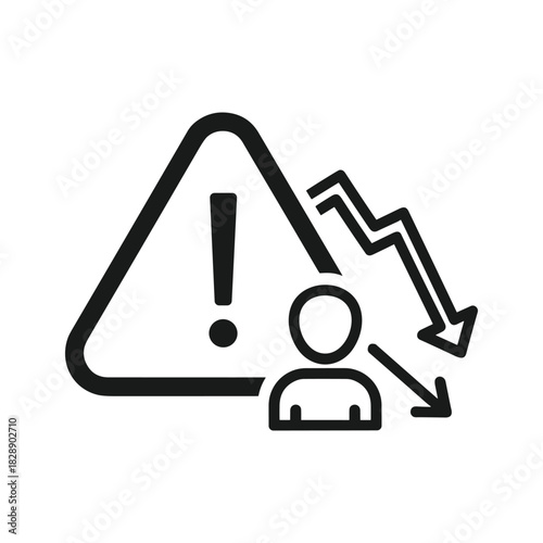 Warning sign with person icon and downward trend arrow isolated on