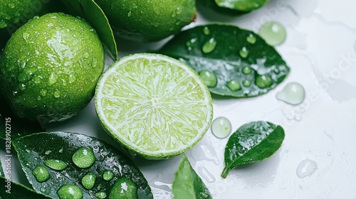 Close-up of fresh, vibrant green limes and leaves glistening with water droplets on a clean white surface, highlighting the juicy texture and refreshing essence of citrus fruit.