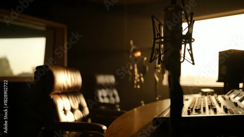 Empty Recording Studio with Microphones and Mixing Console Golden Hour