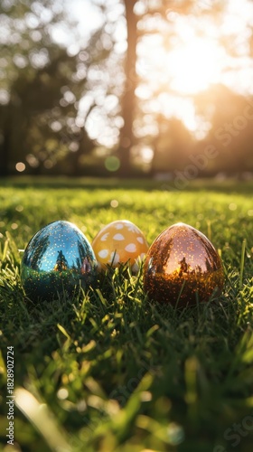Three decorative Easter eggs nestled in lush green grass with golden sunlight filtering through trees, creating a warm and festive spring atmosphere.