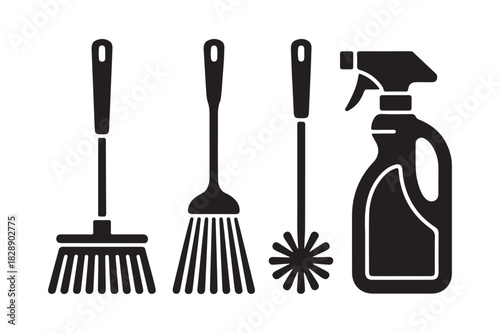 Cleaning tools including brooms brushes and spray bottle