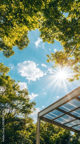 Sunlight beaming through lush green tree leaves onto a modern solar panel structure, symbolizing renewable energy and nature's harmony under a clear blue sky with fluffy clouds.