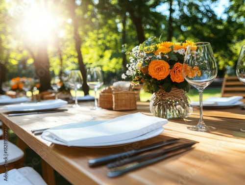 Elegant Outdoor Garden Wedding Reception Table Setting with Orange Flowers and Sun Flare