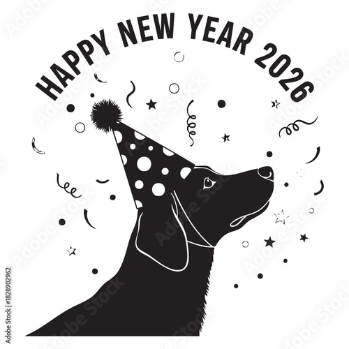 Happy New Year 2026 Dog Silhouette Wearing Party Hat with Confetti, Festive Animal Vector Illustration