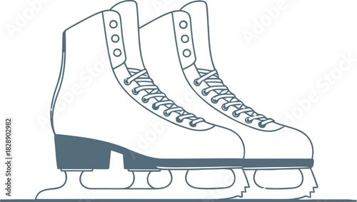 Pair of white ice skates on a light blue background with snowflakes falling