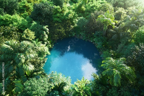 Aerial View of a Secluded Tropical Oasis with a Vibrant Blue Pool Surrounded by Lush Green Jungle Foliage and Dense Vegetation