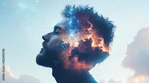 Profile Silhouette of a Man's Head Filled with Cosmic Nebula and Stars Against a Dreamy Sky Background, Symbolizing Imagination and Inner Universe