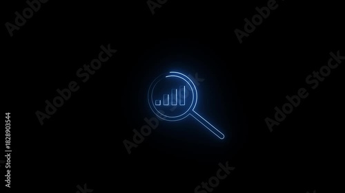 A glowing neon pink magnifying glass icon with bar graph inside, on black background. The concept of data analysis and analytics in marketing or business