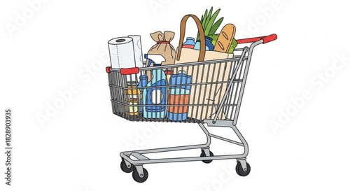 Grocery shopping bliss with a brimming shopping cart full of fresh produce and household essentials for a vibrant and healthy lifestyle experience