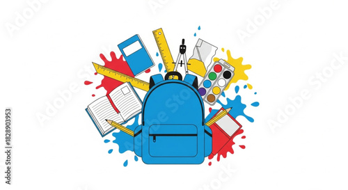 Vibrant school supplies bursting from a blue backpack, capturing the excitement of learning and creativity, perfect for educational materials and back to school designs
