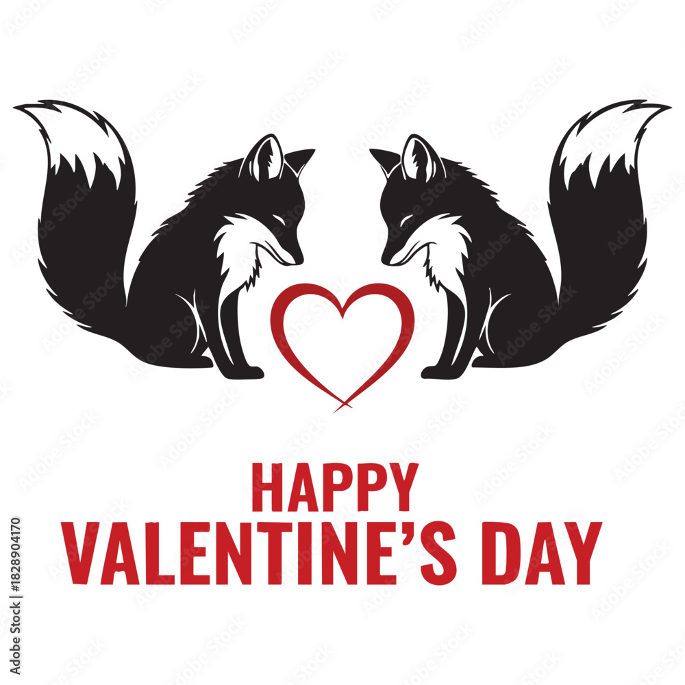 Obraz premium Happy Valentine's Day greeting card with cute fox couple sitting together and red heart symbol. Vector silhouette illustration with text.