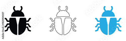 Colorful bug vector icons for app development and graphic design projects, featuring simple, modern insect symbols in black, white, and blue