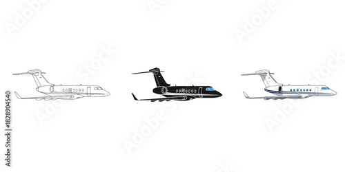 Three illustrations of private jets, including a sketch, a black silhouette, and a detailed rendering