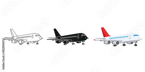 Three airplanes in various styles, including an outline, a black silhouette, and a colored illustration